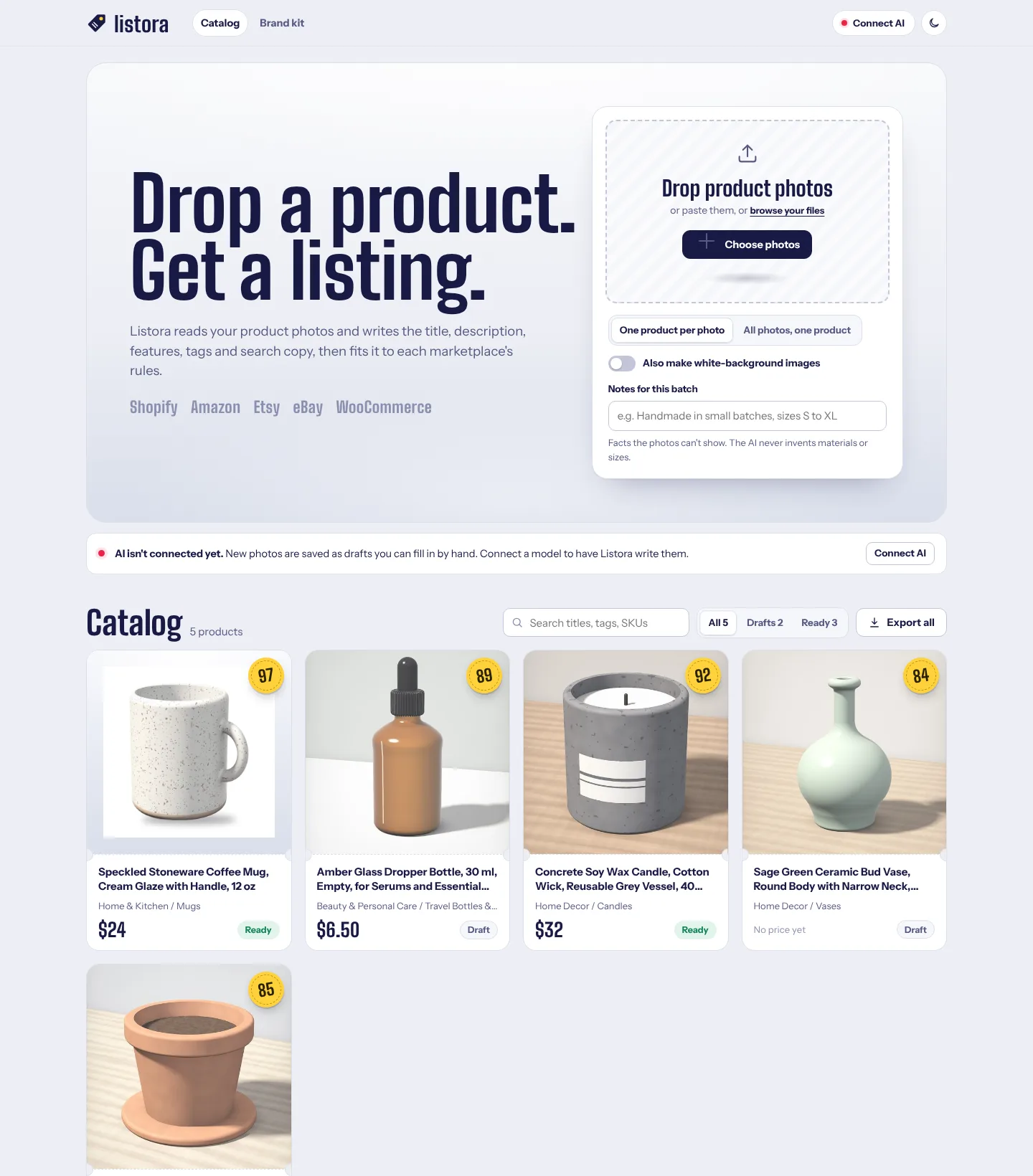 Listora catalog with a photo drop zone and product cards for a mug, serum, candle and vase