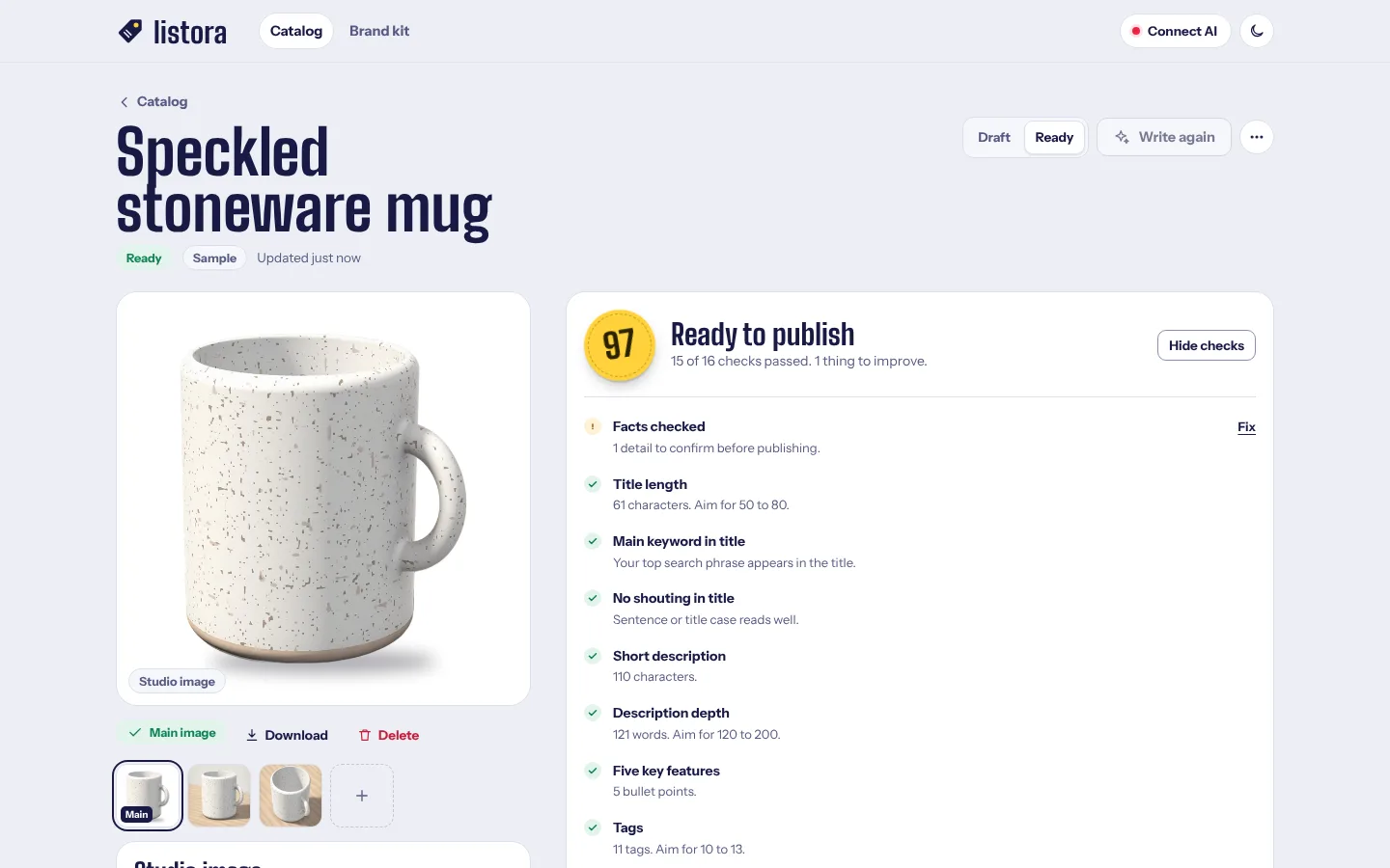 Listora product editor showing a speckled stoneware mug and a listing health score of 97