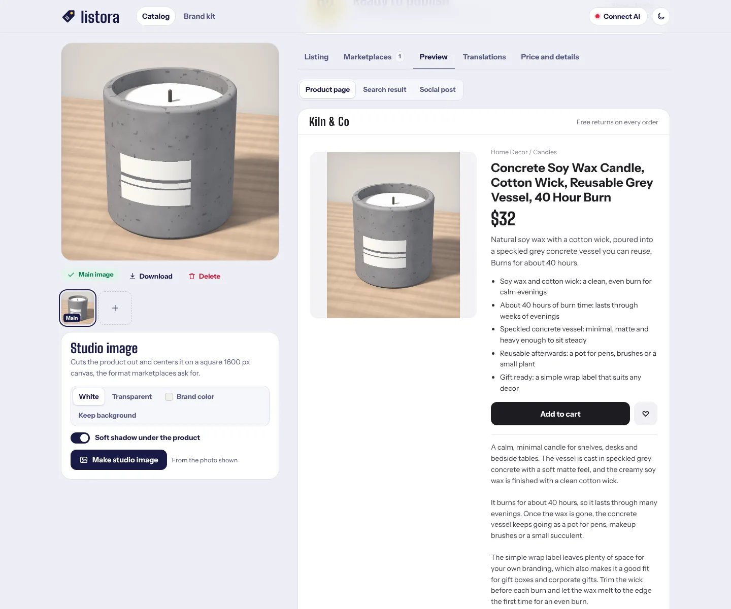 A finished listing shown as a store product page