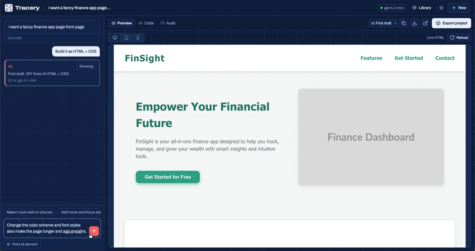 Tracery showing a finance landing page generated from the brief 'I want a fancy finance app page'