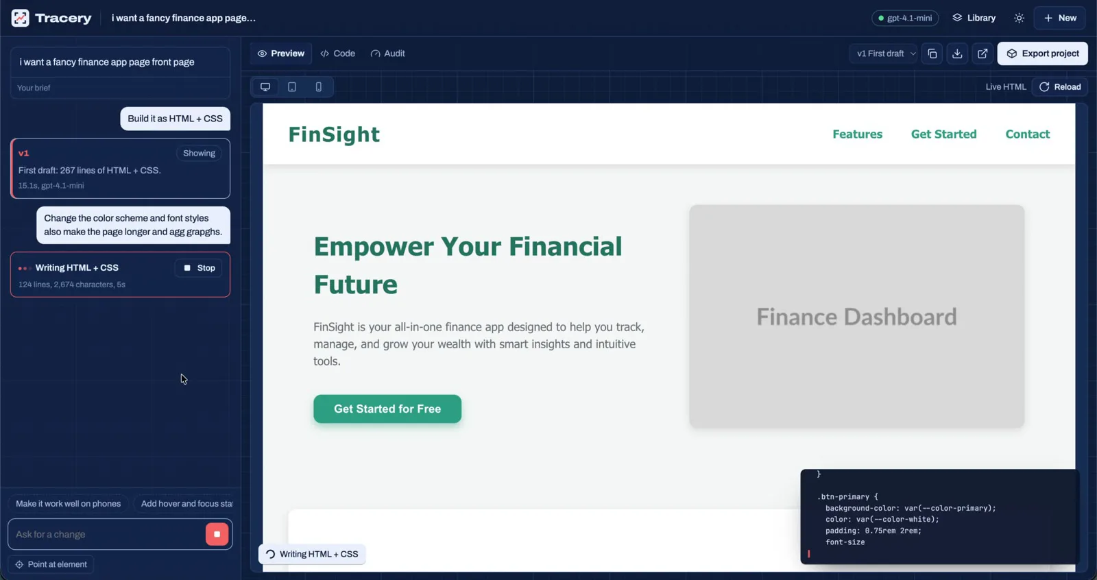Tracery writing HTML and CSS while the page builds in the preview