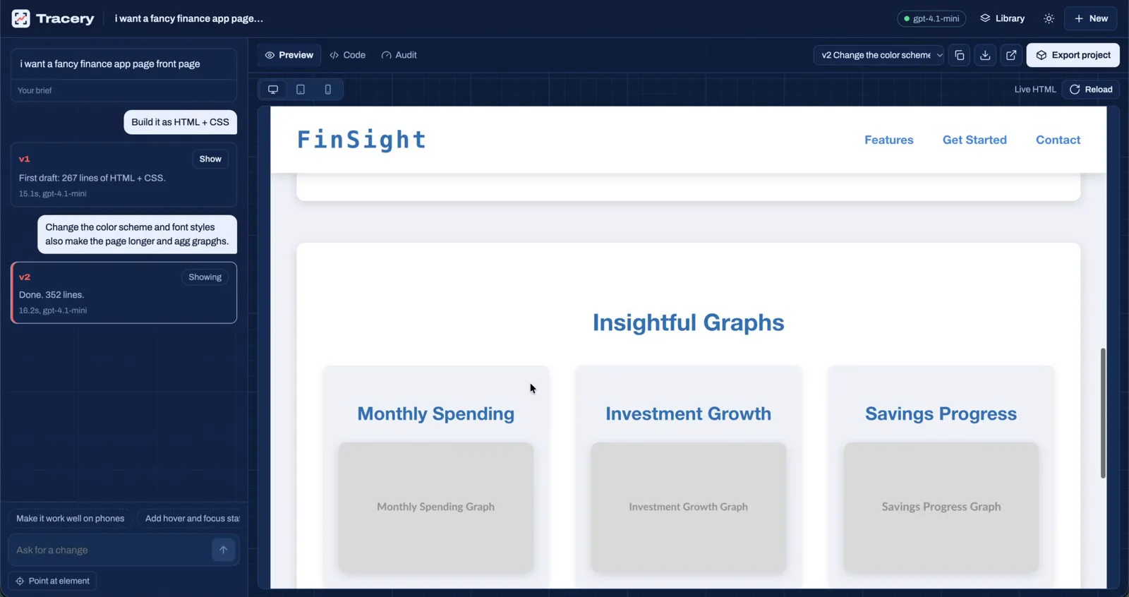 The revised page showing a graphs section, with both versions listed in the sidebar