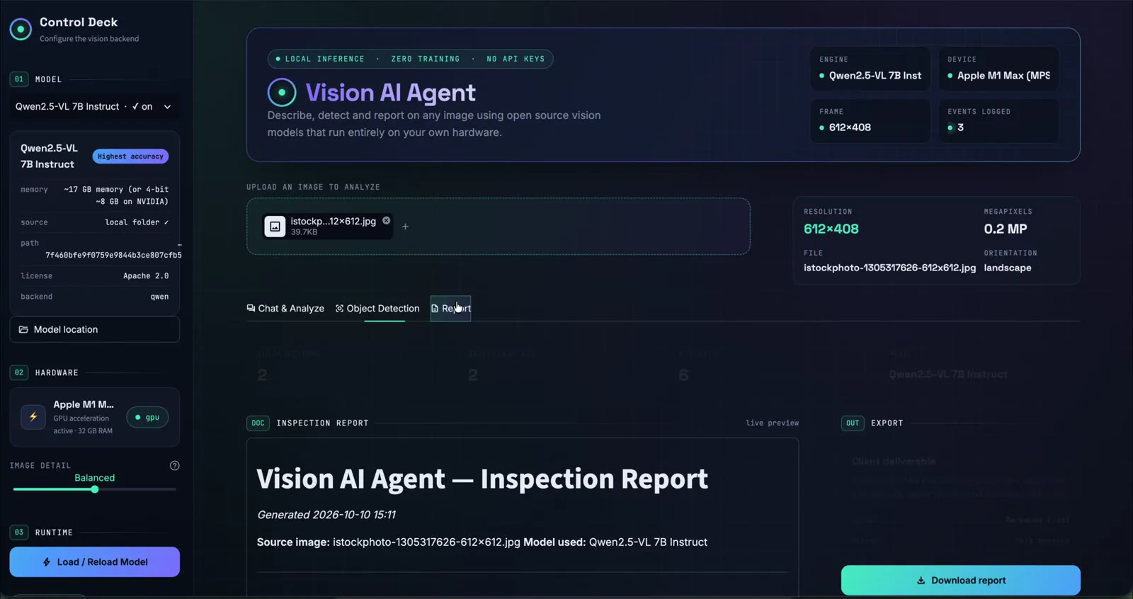 The inspection report tab with a Download report button